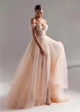 Harriet | A Line Champagne Color Tulle Corset Strapless Formal Dress - Champagne - PromDressClub